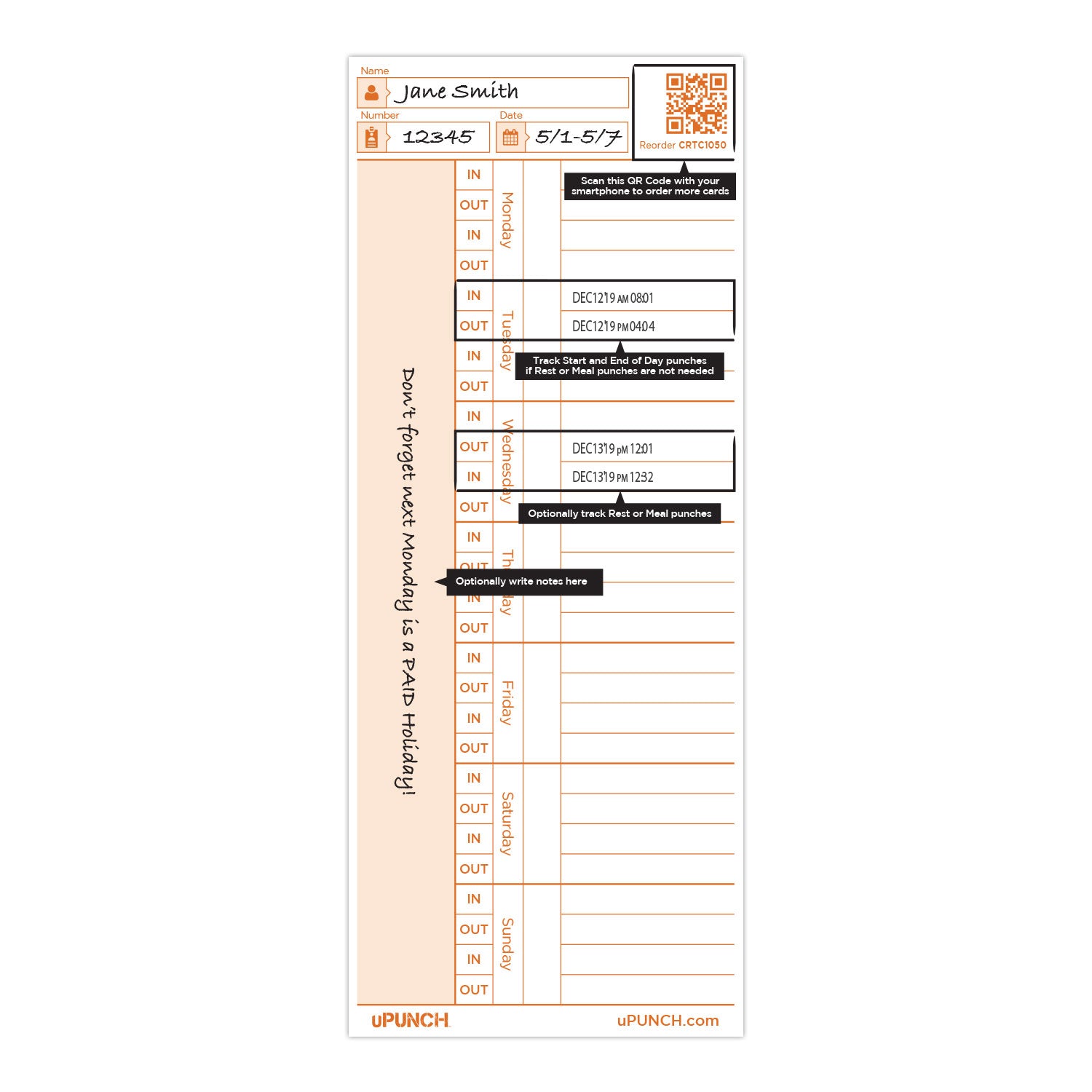 uPunch Time Cards for CR1000 Digital Time Clock & Date Stamp - 50 Pack