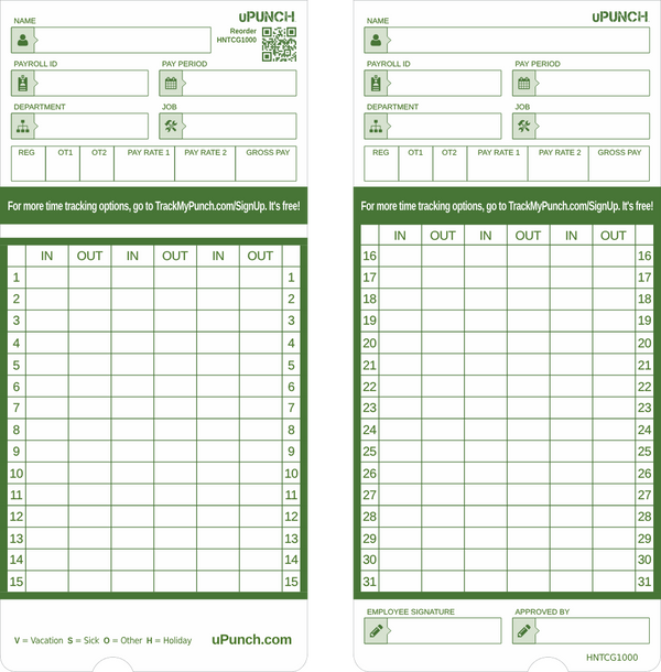 UPunch Time Cards 100 Pack Green Non Calculating HN3000 Aussie UPunch Time Cards 100 Pack Green Non Calculating HN3000 Aussie