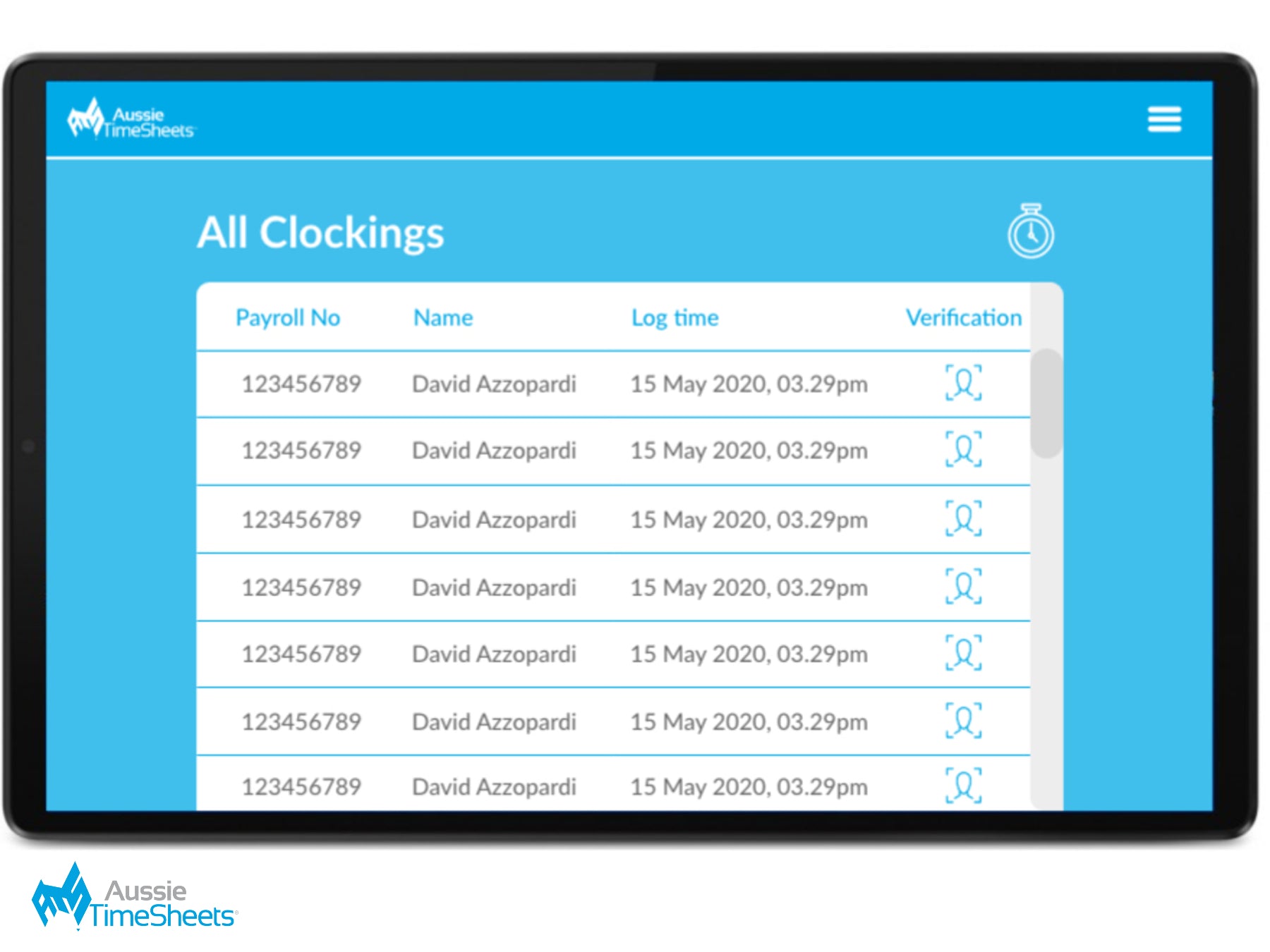 Aussie Time Clock Kiosk, Facial Recognition App